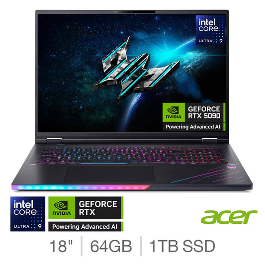 Predator Helios 18 AI, Intel Core Ultra 9, 64GB RAM, 1TB SSD NVIDIA Geforce RTX 5090, 18 Inch Gaming Laptop, NH.QVWEK.005